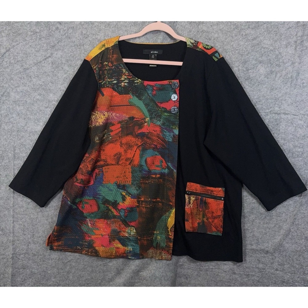 Ali Miles Blouse Top Womens 2X Black Multicolor‎ Art Zip Pocket Pullover Stretch